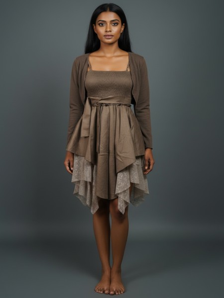Layered Brown Strapless Dress with Cropped Cardigan