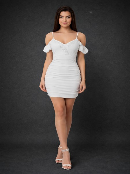 White Embellished Ruched Cocktail Dress