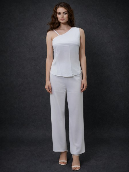 White Asymmetrical Top & Wide-Leg Pants Set