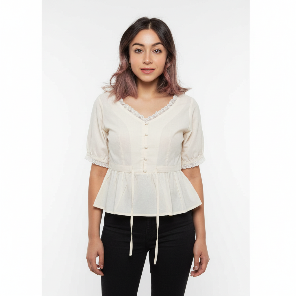 🌼 Cream White with Lace & Button Accents BelleEra Peplum Blouse
