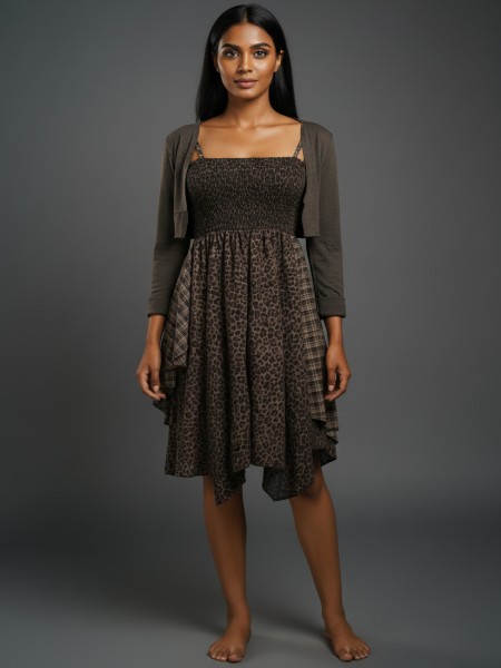 Leopard & Plaid Strapless Dress with Cropped Cardigan