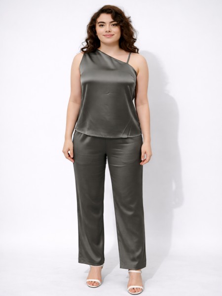 Olive Green Asymmetrical Top & Wide-Leg Pants Set