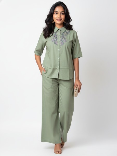 Light Green Embroidered Shirt & Relaxed Pants