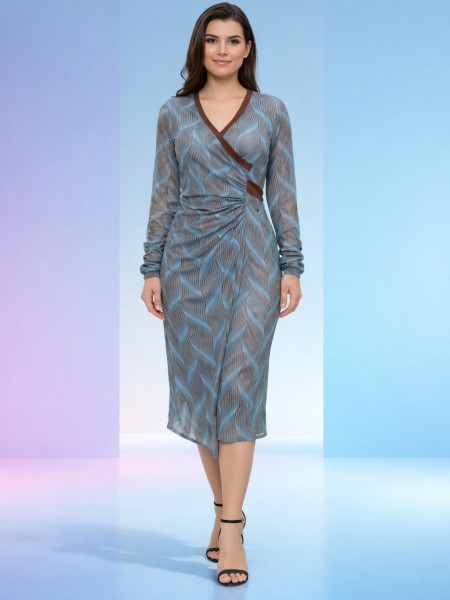 Blue & Gray Abstract Wave Print Ruched Dress