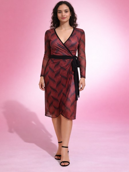 Red & Black Abstract Red Print Ruched Dress
