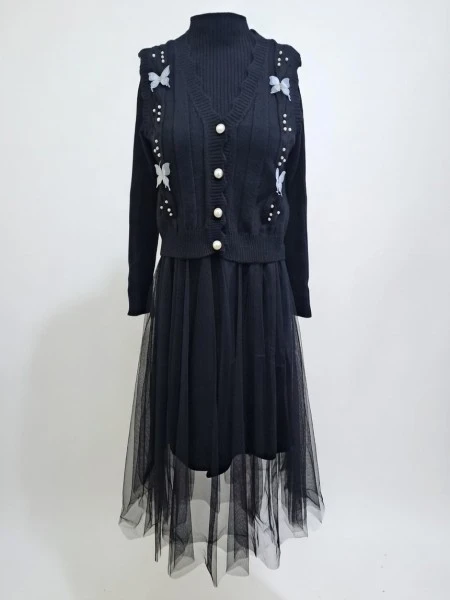 Noir Pearl-Embellished Black Cardigan & Ribbed Knit Dress