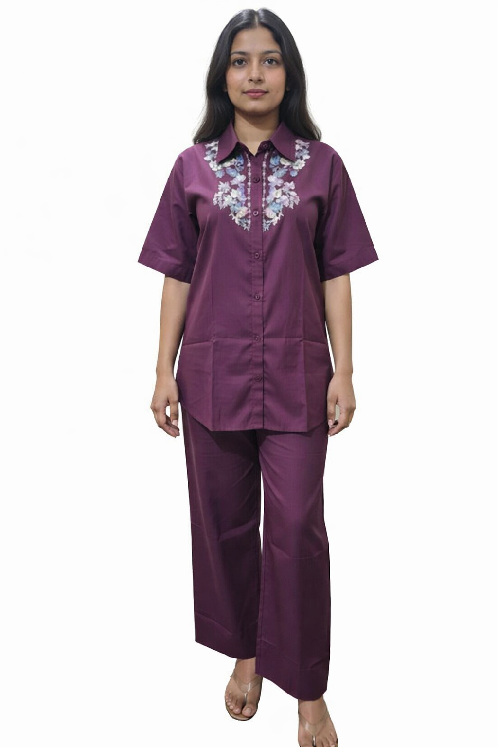 Maroon Embroidered Shirt & Relaxed Pants