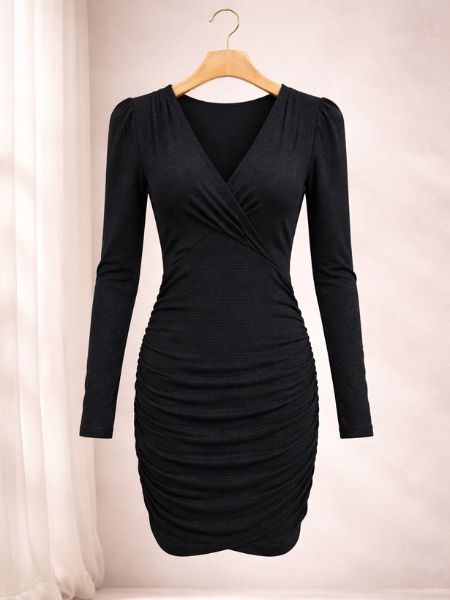 Gold Shimmer Wrap-Style Ruched Dress