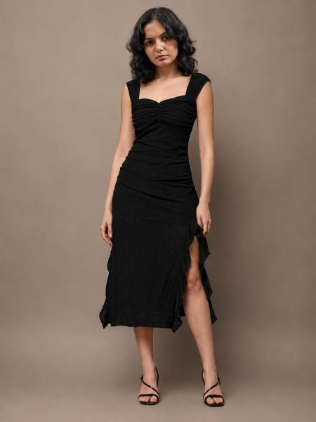 Black Ruched Sweetheart Midi Dress