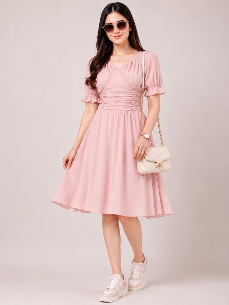 Blush Pink Ruched Fit-and-Flare Dress