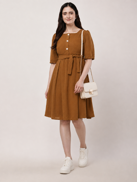Brown Midnight Charm Buttoned Fit & Flare Dress