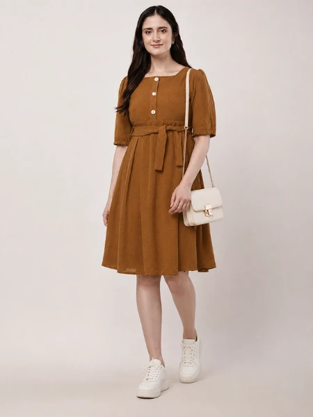 Brown Midnight Charm Buttoned Fit & Flare Dress