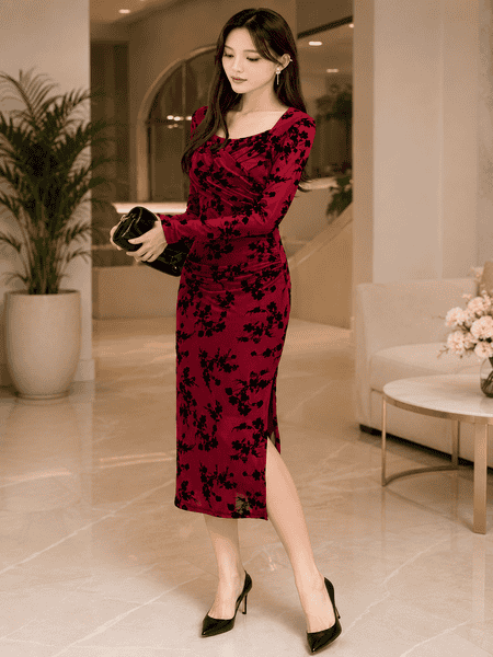 Burgundy Floral Ruched Midi Dress