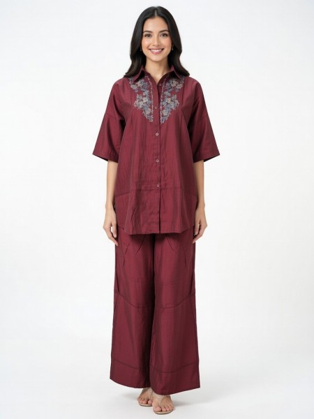 Red Embroidered Shirt & Relaxed Pants