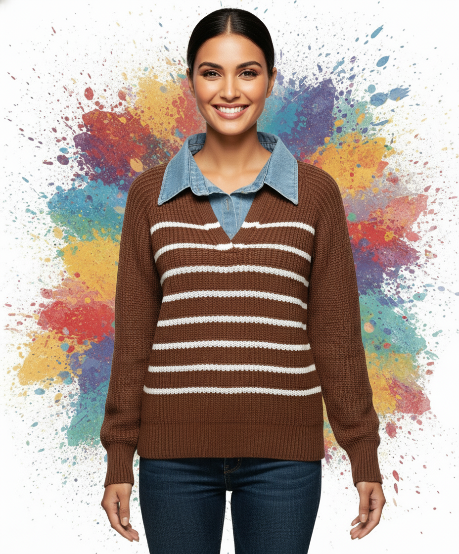 Brown & White Striped Layering denim collar Sweater