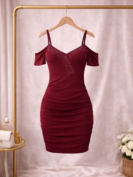 Red Embellished Ruched Cocktail Dress