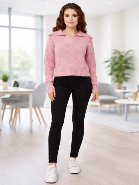Rose Diamond-Knit Sweater – Fold Collar V-Neck Edition