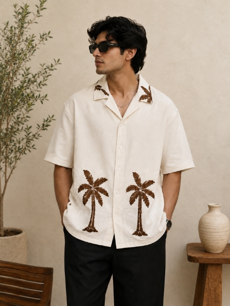 Beige Coastal Palm Linen Shirt