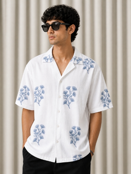 White Summer Bloom Cuban Shirt