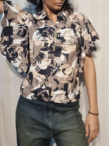 Abstract Print Tie-Waist Shirt Top