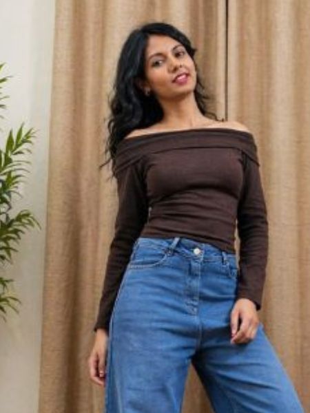 Brown Off-Shoulder Drape Code Knit Top