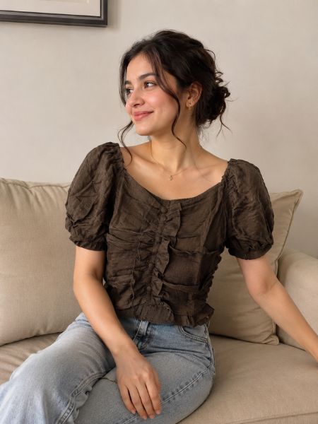 Brown Ruffle Puff Sleeve Top