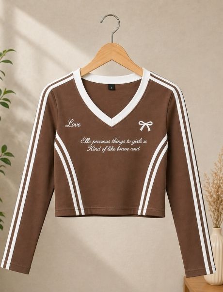 Brown Stripe V-Neck Crop Top