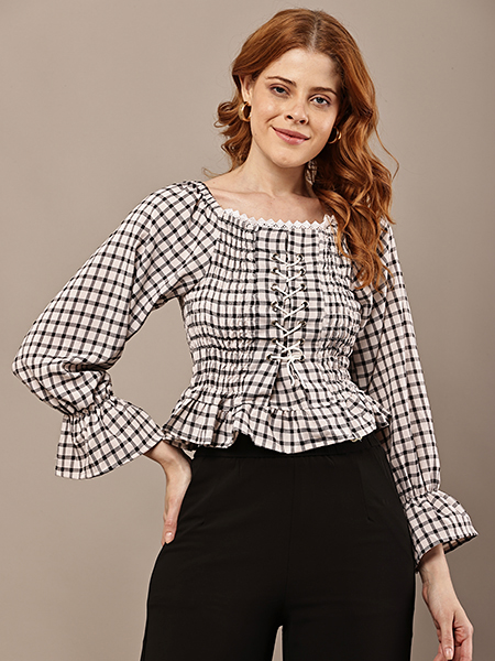 Checkered Corset-Style Peplum Top