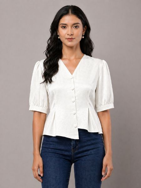 Design Button Blouse White Puff Sleeve