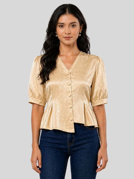 Golden Puff Sleeve Button Blouse