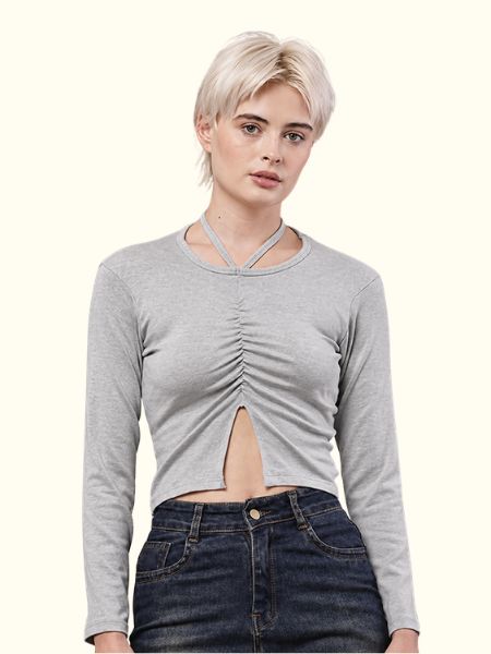 Gray Ruched Tie-Front Knit Top