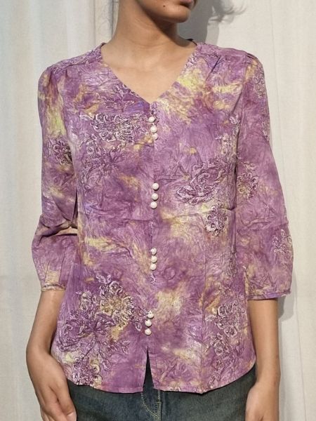 Lavender Marble Print Button-Detail Top