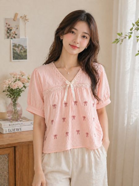 Light Pink Bow-Embroidered Top
