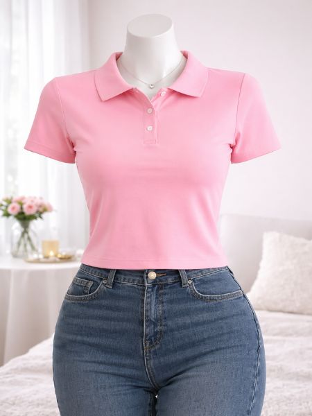 Pink Ribbed Polo Crop Top