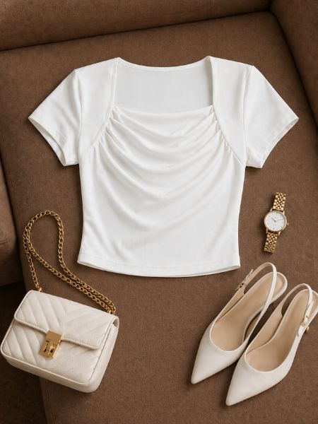 White Square Neck Fitted Top