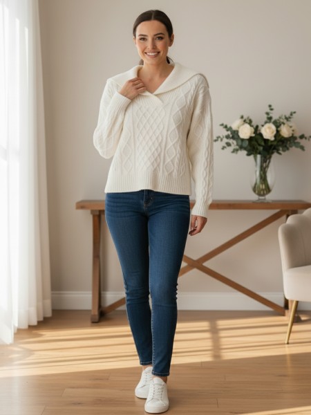 Ivory Diamond-Knit Sweater – Fold Collar V-Neck Edition