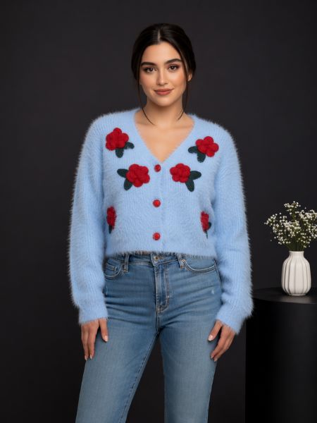 Fuzzy Knit Bloomcore Cardigan – Sky & Scarlet Edition
