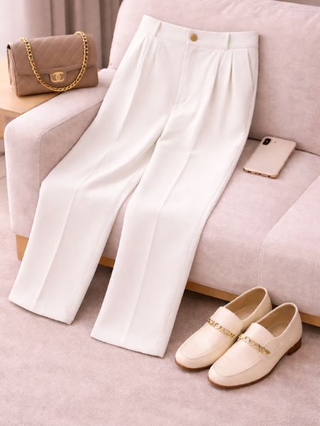 White Belted Wide-Leg Korean Pants