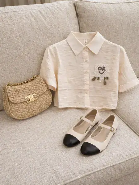 Light Blue Embellished Crop Shirt - BEIGE