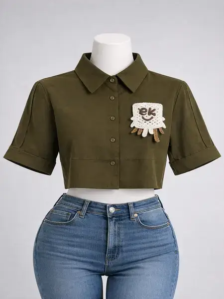 Light Blue Embellished Crop Shirt - GREEN
