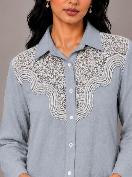 Muted Pink Lace Overlay Blouse - BLUE