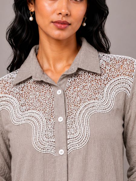 Muted Pink Lace Overlay Blouse - BROWN