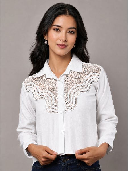 Muted Pink Lace Overlay Blouse - WHITE