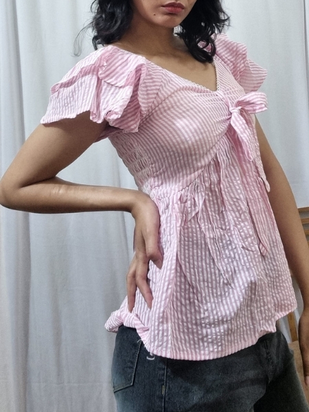 Striped Bow Blouse Blue & White - PINK